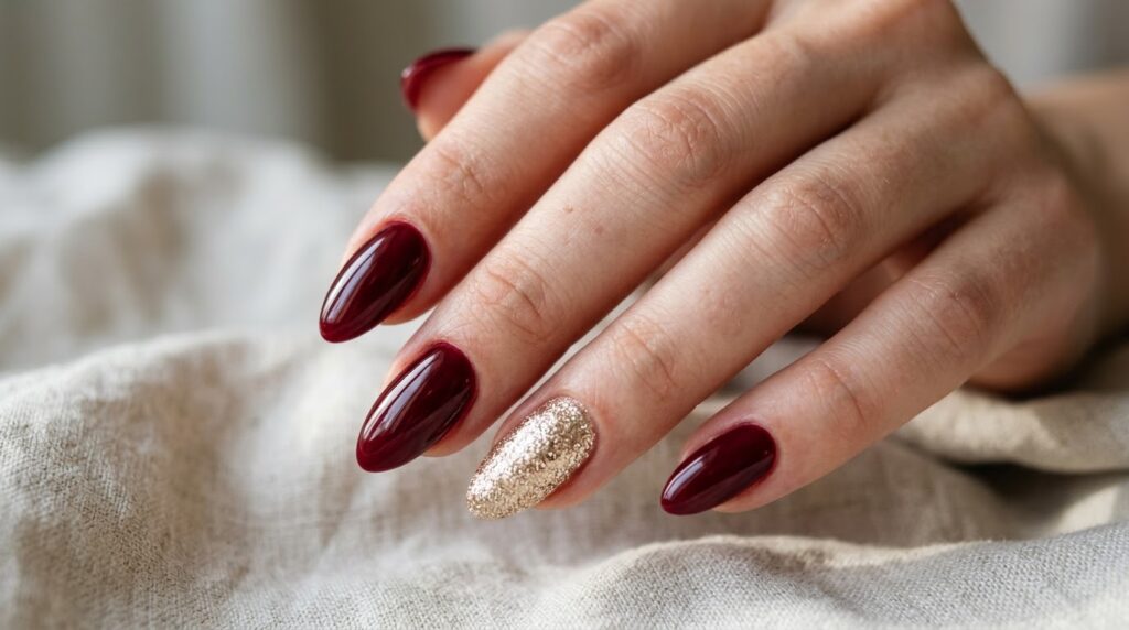 Uñas elegantes color burdeos combinadas con glitter tono champagne