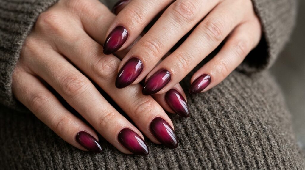 Diseño de uñas aura en tonos vino tinto y centro frambuesa difuminado