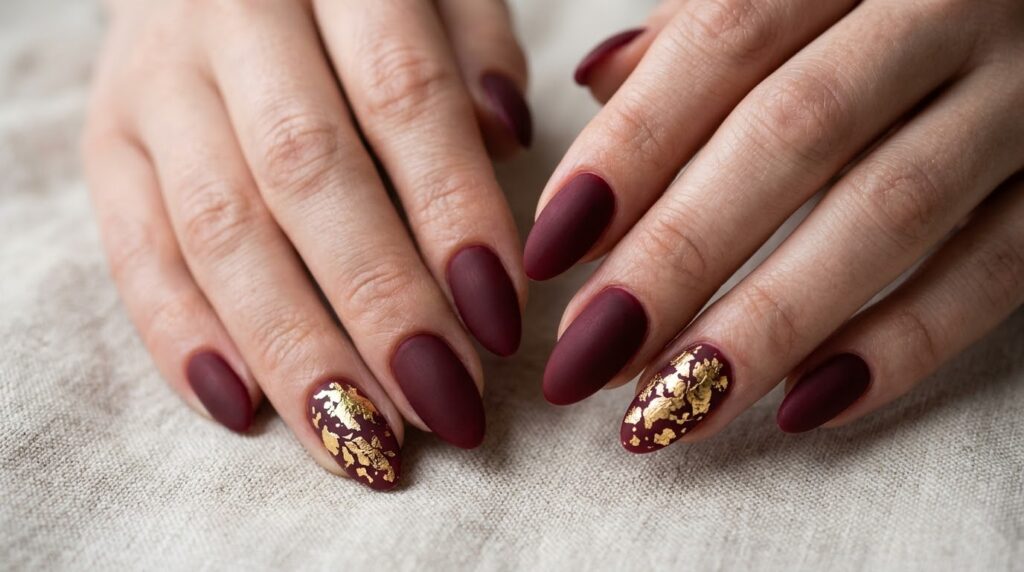 Diseño de uñas color burdeos mate decoradas con detalles de pan de oro