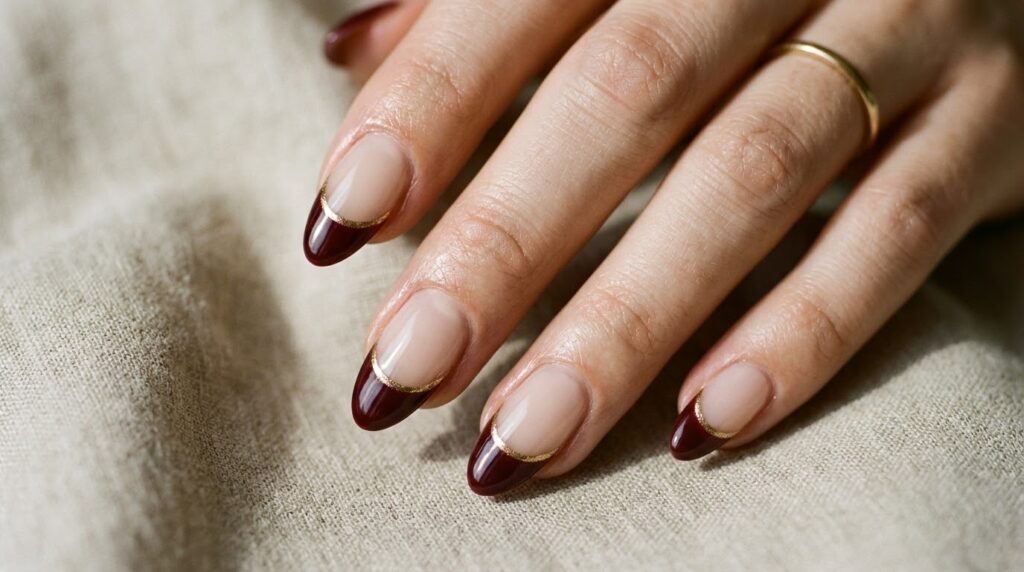 Uñas color burdeos con efecto ojo de gato y brillo aterciopelado