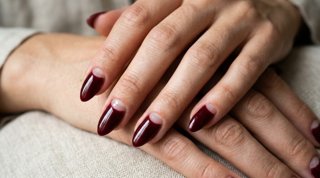 Uñas color granate con diseño de media luna o francesa invertida