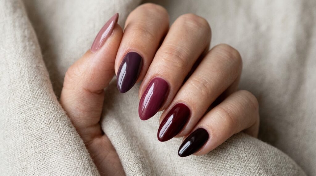 Manicura en gama cromática degradada desde el burdeos oscuro hasta el rosa empolvado