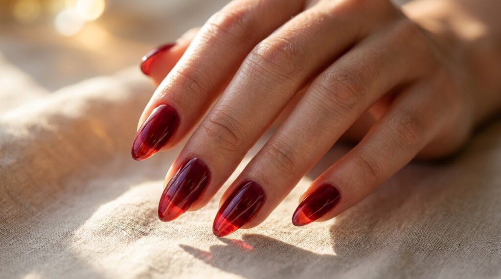 Uñas jelly en color burdeos traslúcido con brillo tipo cristal