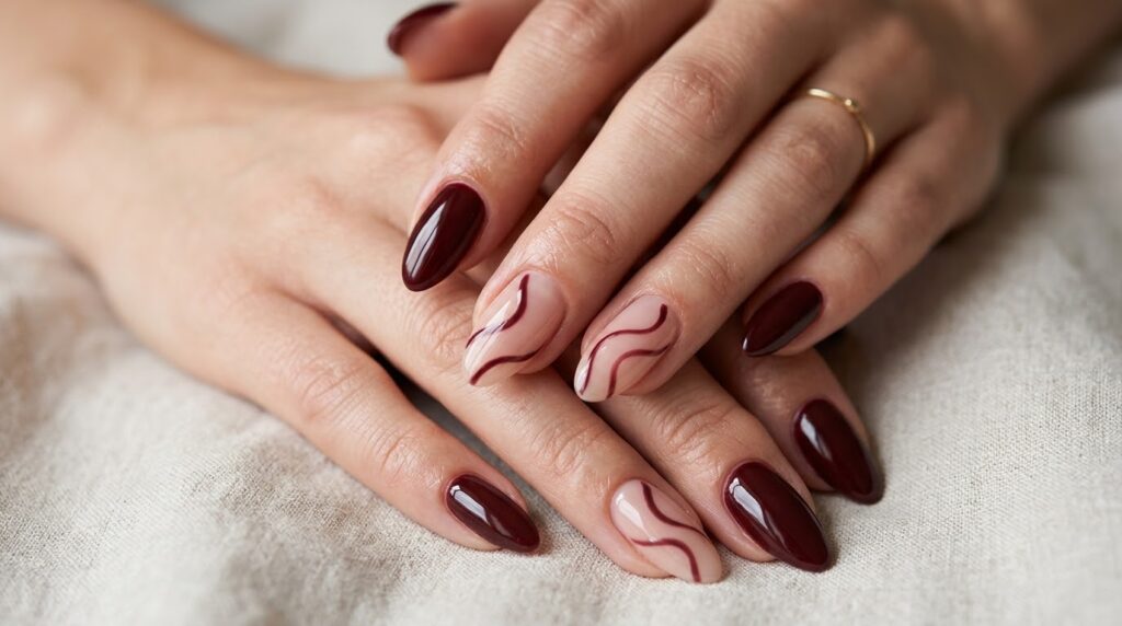 Manicura combinada en tonos burdeos y rosa nude con ondas minimalistas