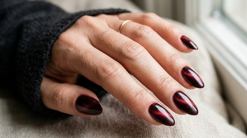 Uñas color burdeos con efecto ojo de gato y brillo aterciopelado