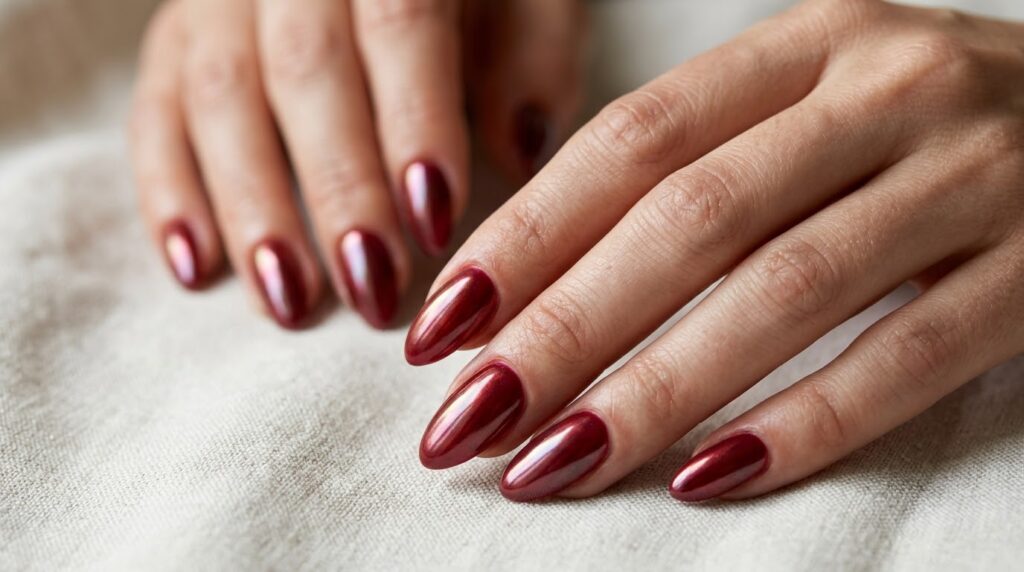 Uñas color cereza burdeos con efecto glaseado perlado y espejo