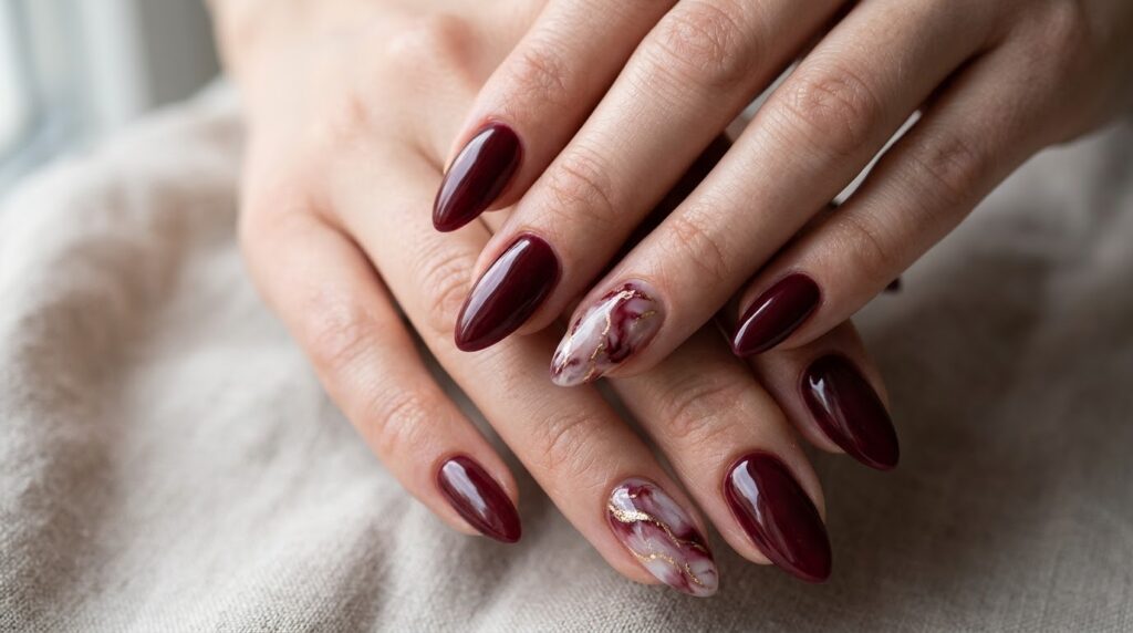 Uñas color burdeos con diseño de efecto mármol en blanco y dorado
