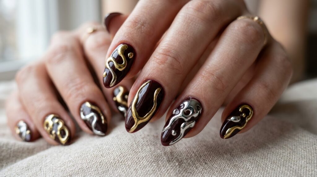 Diseño de uñas color burdeos con líneas abstractas en efecto metal líquido