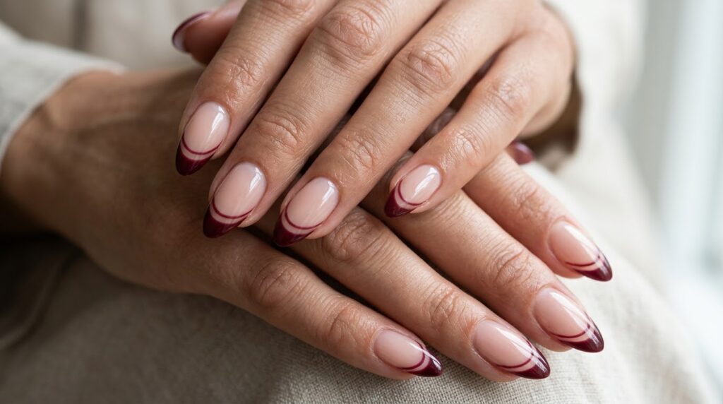 Uñas almendradas con manicura francesa doble en color burdeos