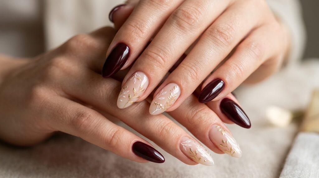 Uñas color vino tinto y base milky con pequeños dibujos florales