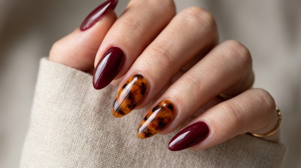 Manicura en color burdeos combinada con uñas de efecto carey