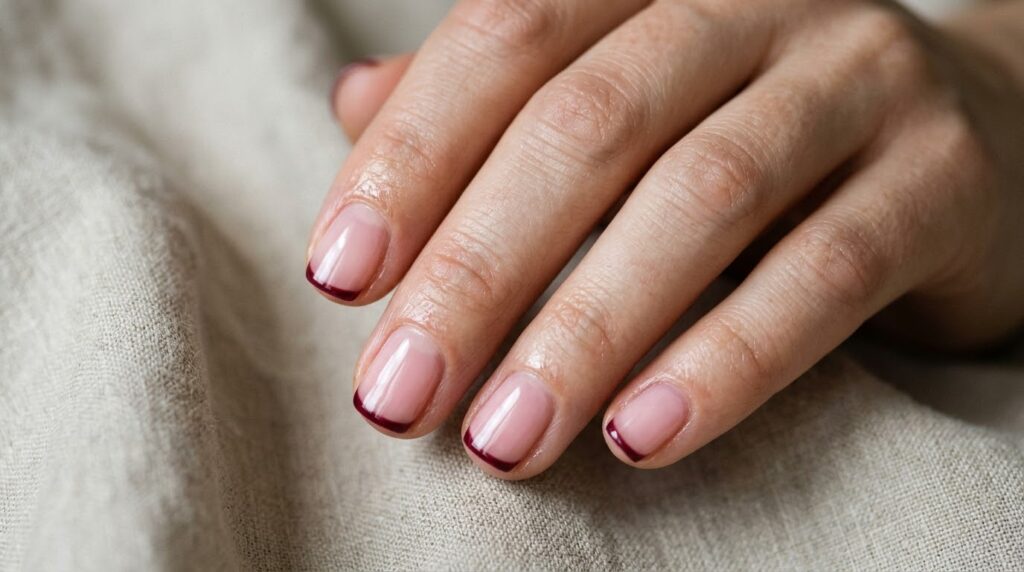 Uñas cortas naturales con micro manicura francesa en color granate