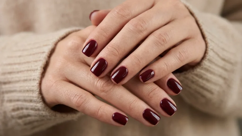 Uñas cortas pintadas en color burdeos clásico con acabado ultra brillante